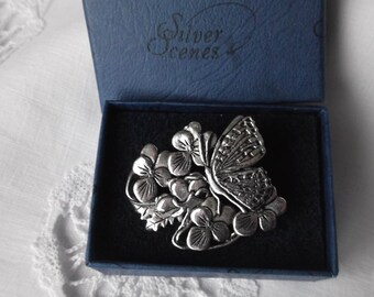 Boxed Vintage Butterfly and Violets Brooch, Silver Scenes Brooch , Butterfly Brooch, MASJ Brooch , Sterling Silver on Pewter Brooch