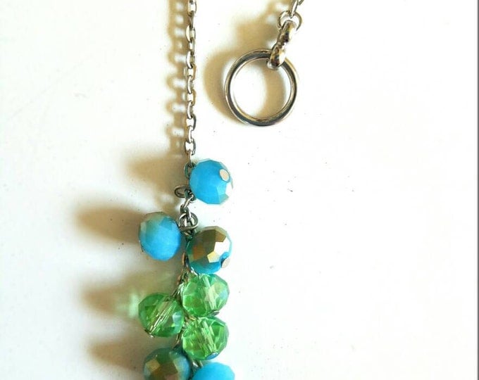 Blue Teal Silver Light Green Glass Beaded Chain Toggle Dangle Necklace