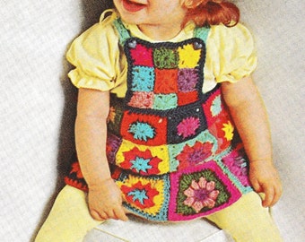 Vintage Crochet Pattern PDF  Multicolor Granny Squares Skirt Bib Dress Pinafore Tunic Rainbow Multicolour