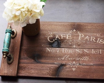 Rustic Serving Tray, Wood Tray, Paris Décor, Centerpiece, Wooden Tray with Handles, Rustic Home Décor, Customizable Tray, Kitchen Decor