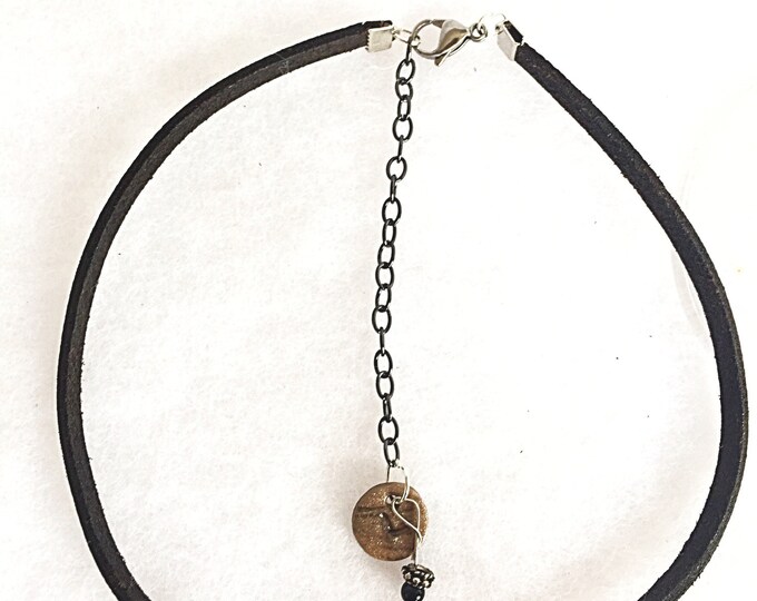 Oxidized Onyx Large Moon Pendant on Black Leather Choker, Tooled Stamped Silver Moon Necklace with Black Onyx Healing Crystal