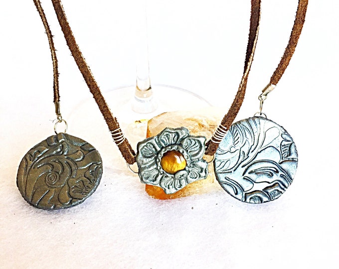 Western Floral Tooled Silver Tiger Eye Pendant Choker on Rustic Suede Leather with Coin Tassels, Brown Leather Wrap and Tie