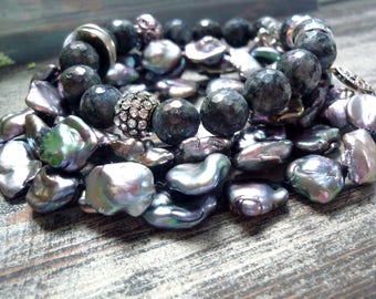 repurposed bracelet necklace, freshwater pearl bracelet, labradorite bracelet, irise freshwater pearl, labradorite beads 10mm, nugget pearl