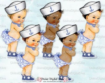 Little Sailor Girl Blue Sailor Hat Scarf | Vintage Baby | 3 Skin Tones | Clipart Instant Download