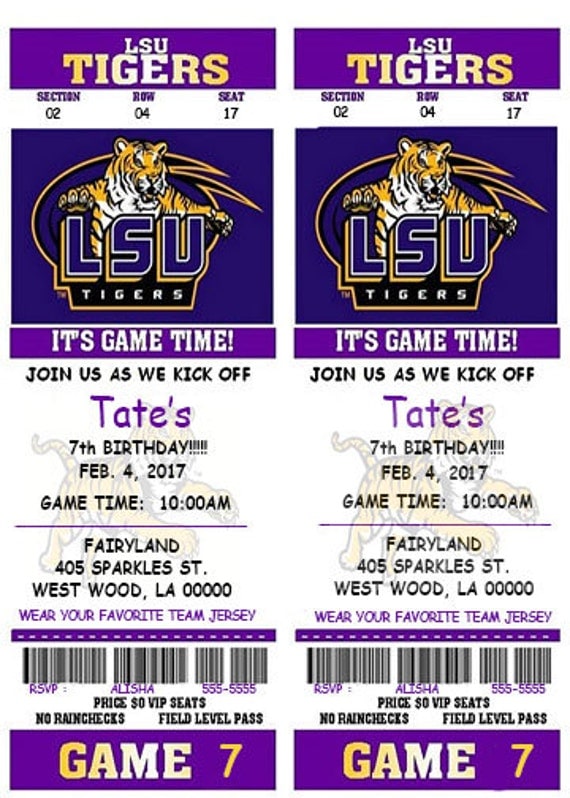 LSU Tigers Football Ticket Birthday Invitation Digital