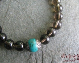 Smoky Quartz Bracelet Mala with turquoise guru bead purified & blessed mala