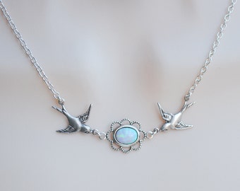 Opal Necklace, Swallow Necklace, Bird Necklace, Bird by Bird, Bird Pendant, Silver Bird, Vintage Style Necklace, Facing Birds N635