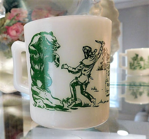Vintage 1950s 50s Mid Century Childs Mug Milk Glass Davy Crockett Famous Frontiersman Bear Fighter Indian Hazel Atlas Glass Coffee Cup