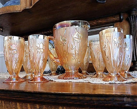 Vintage Iridescent Iris and Herringbone Pitcher Tumblers Set 1950s Mid Century Country Cottage Farmhouse Home Decor Wedding Anniversary