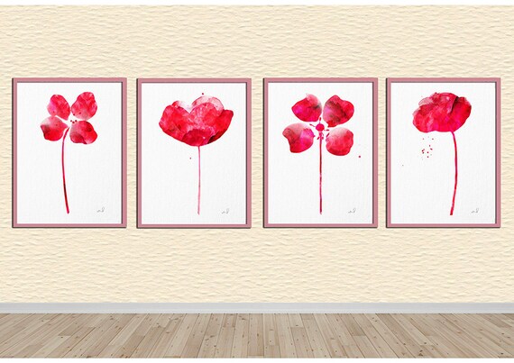 Set Of 4 Red Flowers Watercolor Poppy Flowers Wall Art