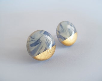 Large White and Blue Gray with 23k Gold Round Stud Earrings - Surgical Steel Posts