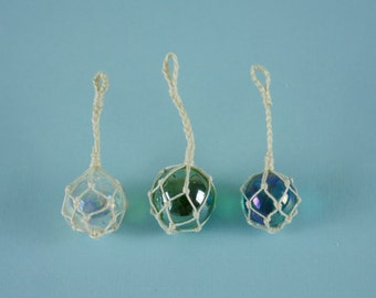 Single Fishermans Glass Fishing Float with Rope - 1:12 or 1/12 Scale Dollhouse Miniatures, Clear, Green or Blue, Buoy, Nautical, Beach Decor