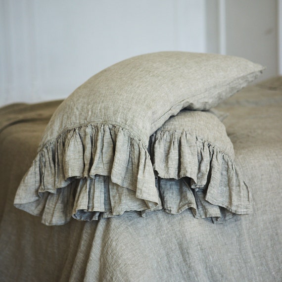 Standard PILLOW SHAM RUFFLE 100 linen bedding. Natural gray