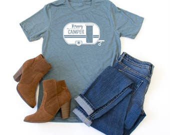 Happy Camper Crew Neck Tshirt - Womens Clothing. Womens Tshirt. Graphic Tee - Tickled Teal