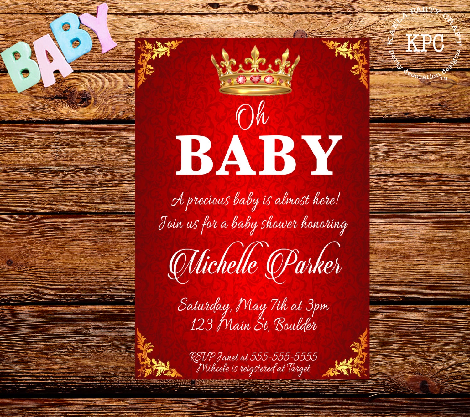 Red and gold baby shower invitation. Red and gold baby shower.