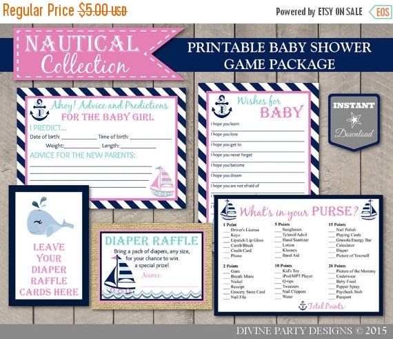 SALE INSTANT DOWNLOAD Nautical Girl Baby Shower Game Package \/ Wishes for Baby \/ Diaper Raffle 