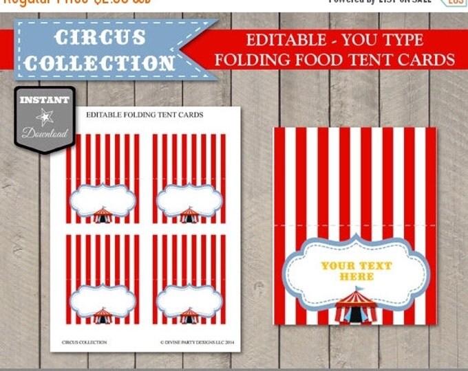 SALE INSTANT DOWNLOAD Editable Circus or Carnival Food Tent Cards / Place Cards / You Type Text / Circus Collection / Item #1002