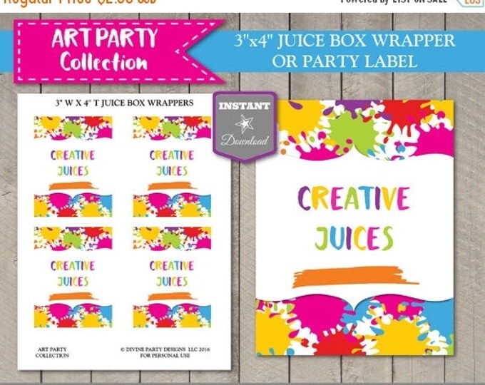 SALE INSTANT DOWNLOAD Art Birthday Party Printable 3"x4" Creative Juices Juice Box Wrappers or Party Labels / Art Painting / Item #2802