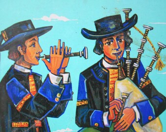 French vintage Tin Box "Galettes de Pleyben" Bretagne Cakes, decorative Tin Box, Guy Chabrol illustration of Breton bagpipes musicians.
