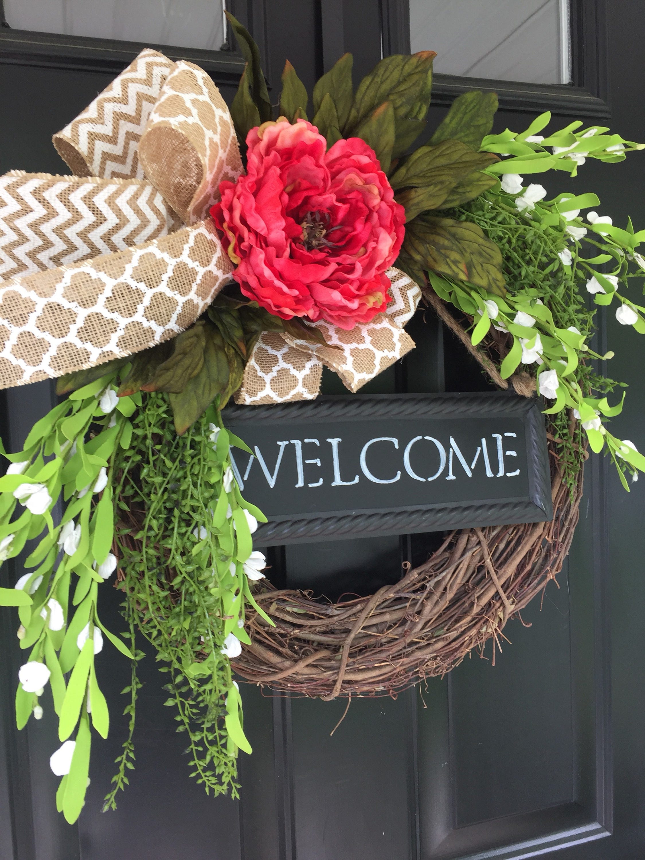 Chalkboard Peony Chevron Grapevine Wreath Hostess