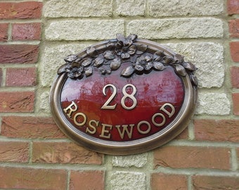 Floral Roses garden house Sign, House name Sign in Cold Cast Bronze and deep Red