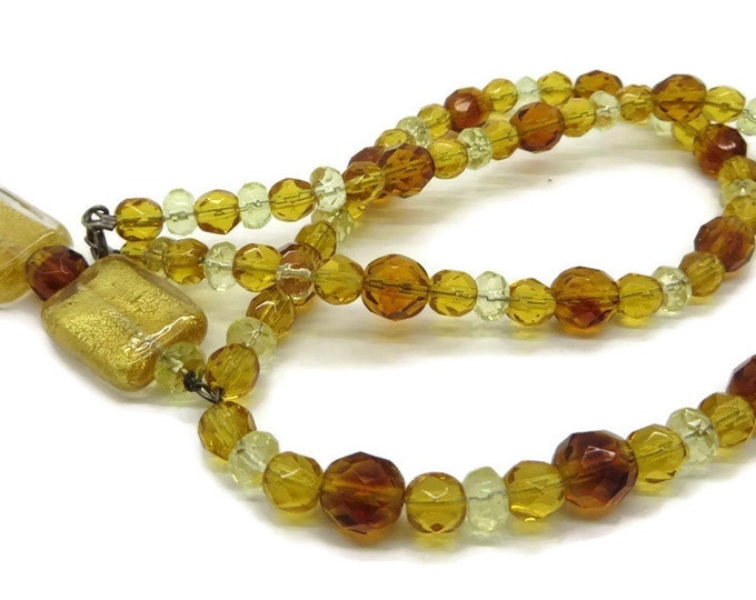 Vintage Amber Glass Pendant Necklace, Amber, Gold and Clear Bead Necklace