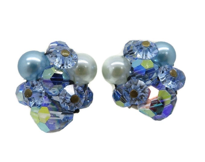 Blue and White Cluster Bead Earrings, Vintage Rhinestone and Faux Pearl Clip-on Earrings, Bridal Jewelry