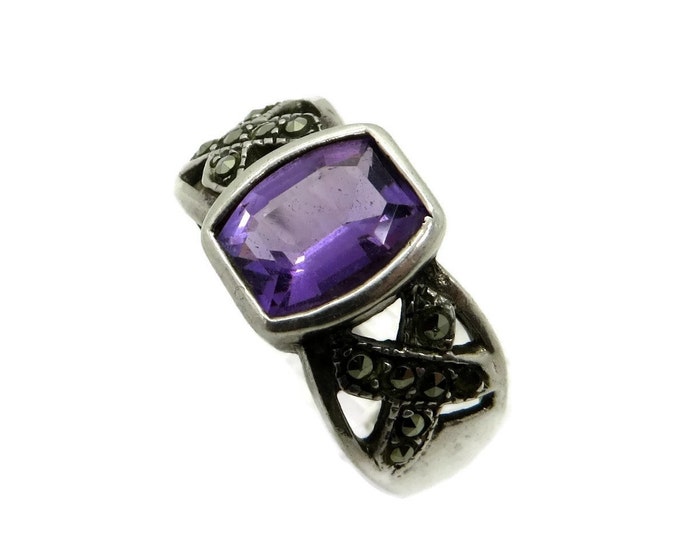 Vintage Amethyst Marcasite Ring, Sterling Silver Wide Band Ring, February Birthstone, Size 7.5