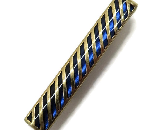 Swank Tie Clip, Vintage Tie Clasp, Striped Tie Bar, Blue and Gold Tie Clip, Men's Suit Accessory, Father's Day Gift