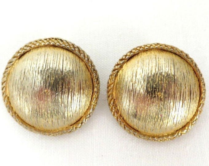 Hattie Carnegie Button Earrings Vintage Gold Tone Textured Clip-ons, Round Braided Signed Designer Earrings