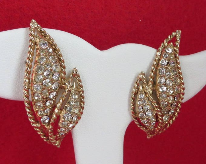 Bridal Earrings, Leaf Clip-ons, Signed Hattie Carnegie Rhinestone Earrings, Vintage Runway Bridal Jewelry Gift Idea