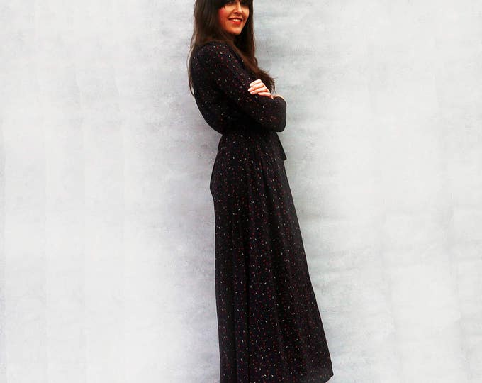 Black Maxi Dress, Casual Black Dress, Vintage 1970s Dress, Loose Dress, Column Dress, Long Sleeve Dress, Tunic Dress, Black Kaftan Dress