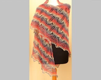 Hand knit triangular lace wool shawl