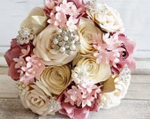 Paper Flower wedding bouquet origami rose blush dusky pink cream white ivory peony blossom Vintage Brooches elegant princess theme bridal