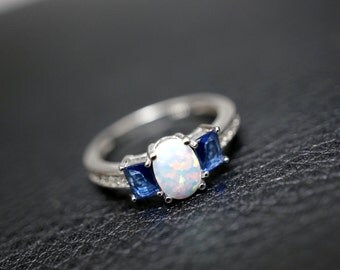 Fire Opal Ring - Full Sterling Silver Cz Ring, Sapphire Ring, Engagement Ring, Wedding Ring
