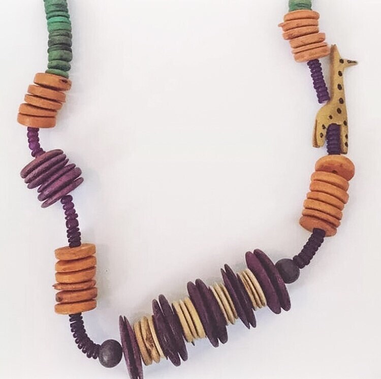 Giraffe necklace vintage bead necklace wood bead necklace