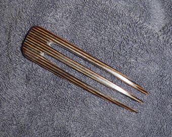 3 prong wooden hair fork 4 1/4 inches long, hand shaped of Tabby Cat colored resin hardwood, diamond Ply