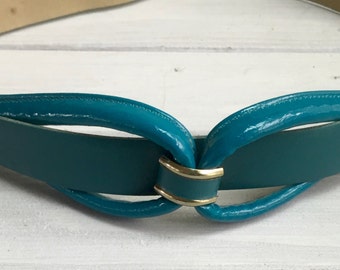 Vintage Teal Cinch Belt Double Loop Fashion Patent Unique Gold Tone Metal 80s