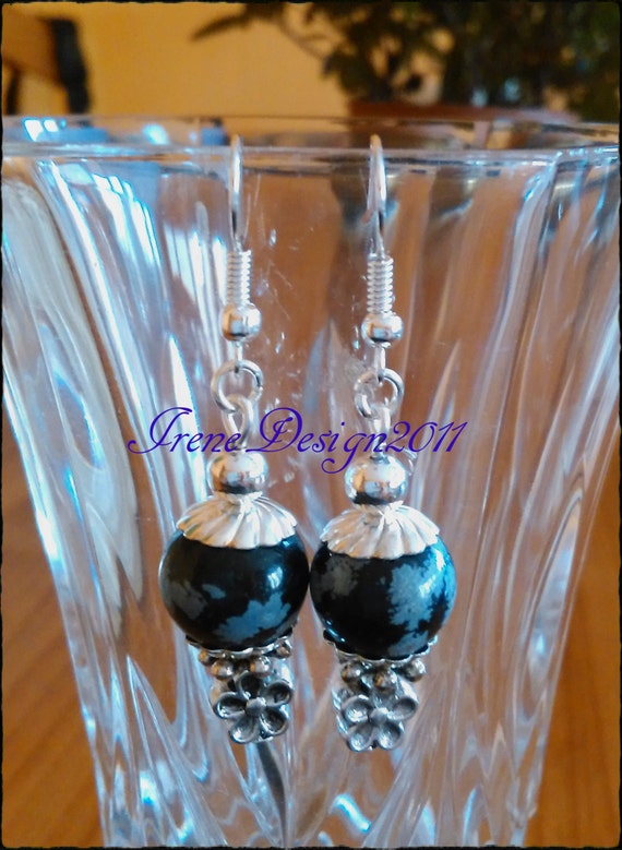 Snowball Obsidian & Flower Earrings by IreneDesign2011