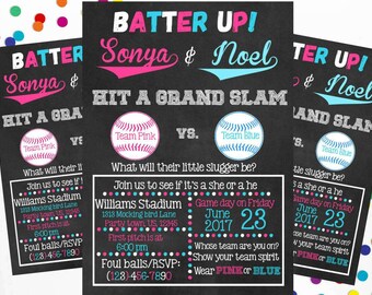 Baseball Gender Reveal Invitation, Chalkboard Invitation, DIY Print at home, Digital Invitation Little Slugger, Pink or Blue, Baby Shower