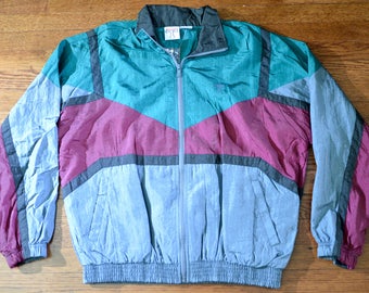 80s/90s Bright and Vibrant Green, Maroon, Grey Vintage Windbreaker - Unisex Medium