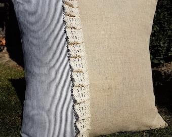 Stripe Burlap Pillow Cover Farmhouse Pillow Cover French Decorative Pillow Cover