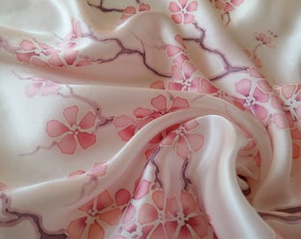 silk scarf handpainted sakura, silk hair scarf, women's day, anniversary gift, gift for women, hand-painted silk