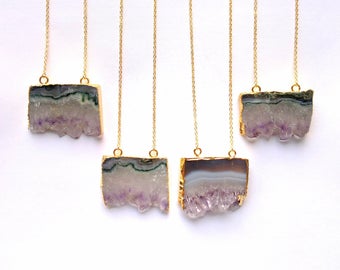 Gold Edged Amethyst Slice Necklace Rough Raw Crystal Pendant Amethyst Rough Raw Purple Stone Crystal Cluster Amethyst Jewelry Boho Pendant