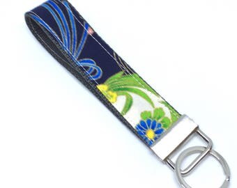Wristlet Key Fob, flower, Fabric Key Chain, Japanese kimono pattern Fabric key fob, wristlet