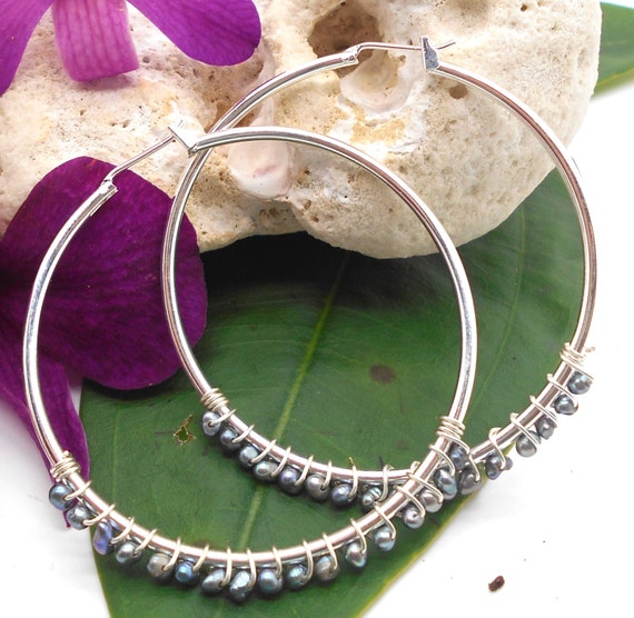 Silver Hoop Earrings Wire Wrapped Tiny Black Pearl Hoops