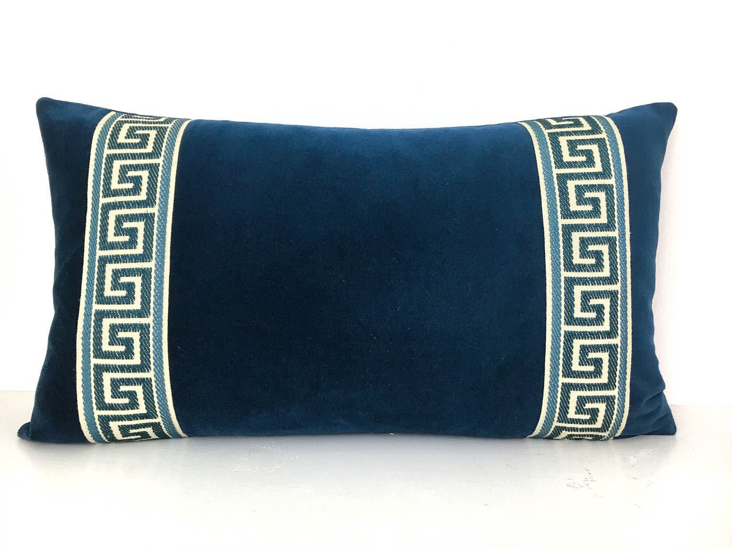 Navy Pillow Cover Blue Velvet Lumbar Pillow with Greek Key