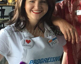 HIGH QUALITY and durable Adult Flo Progressive Insurance Apron, Name Badge + Pin + Headband. You attach where you want! A fun FLO apron!