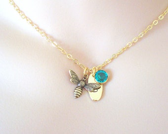 Gold Bee Necklace, Antiqued Gold, Dainty Birthstone Necklace, Personalised Necklace, Initial Necklace, Gold Necklace, Gift for Her
