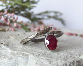 Ruby ring Set rings sterling silver 925 natural Ruby ring unique ring Hammered Sterling Silver ring oxidized silver 925 gift for her